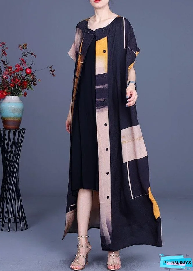 Vintage Navy Print Button Cardigans Two Pieces Set