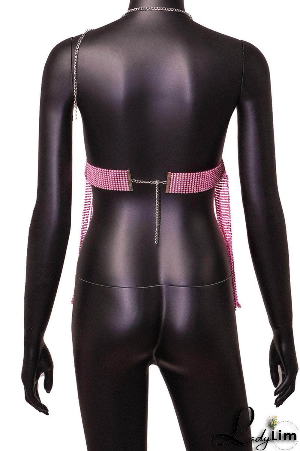 Pink Fashion Sexy Patchwork Tassel Backless Halter Tops