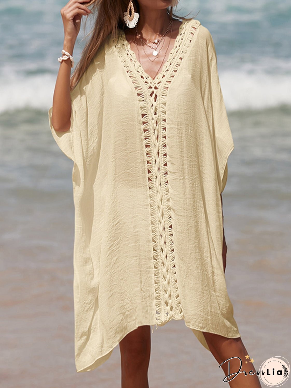 Cutout V-Neck Three-Quarter Sleeve Cover Up