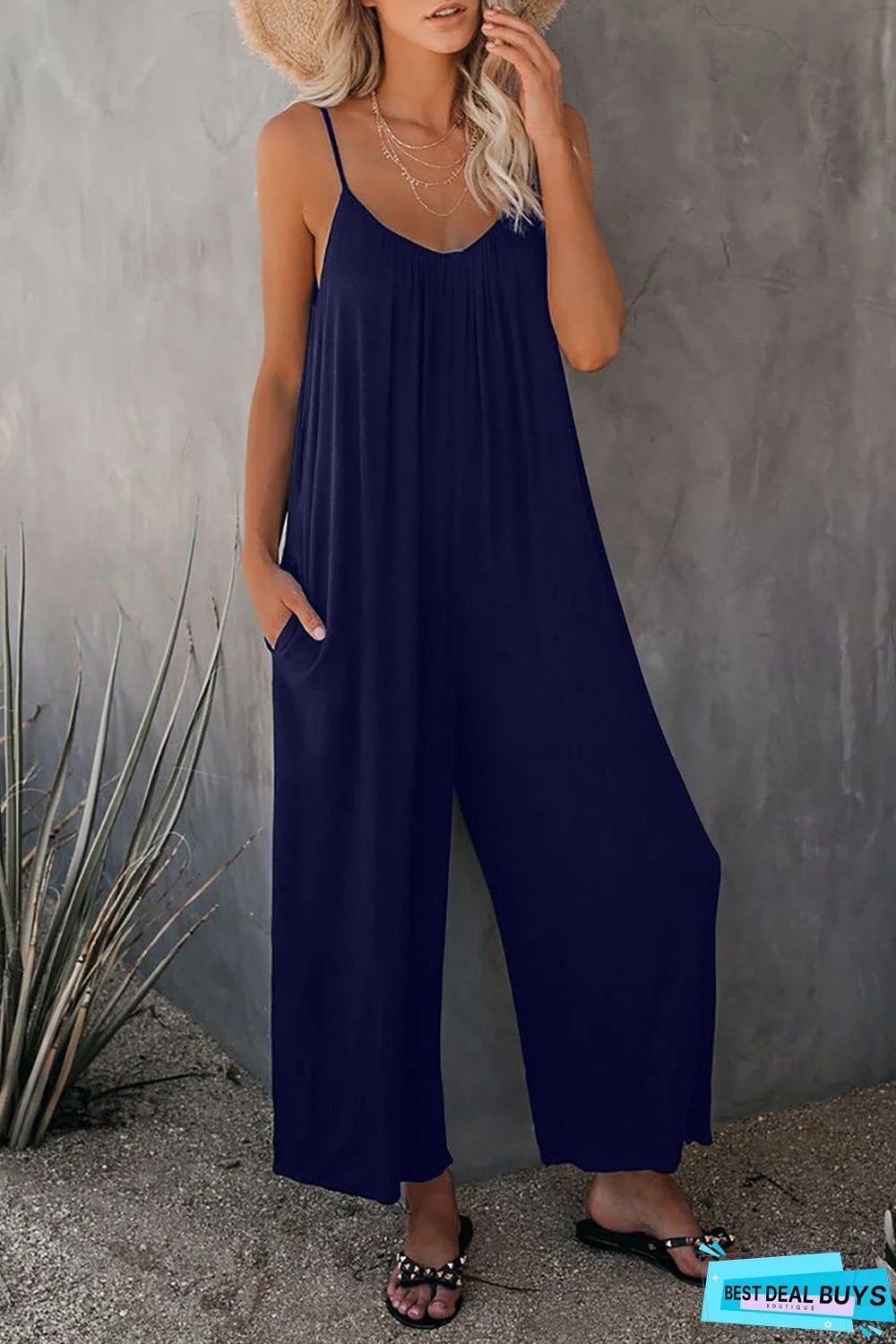 Strap Jumpsuit Women's New Solid Color Pocket Casual Jumpsuit