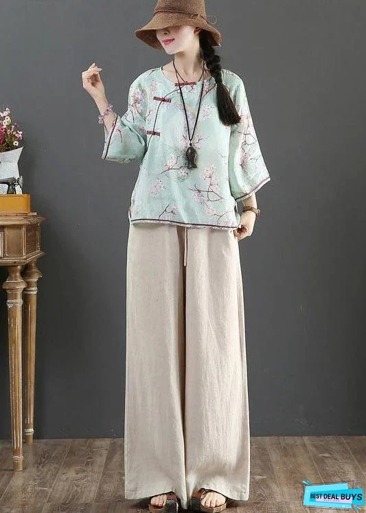 Organic Blue Print Linen Half Sleeve Top Summer