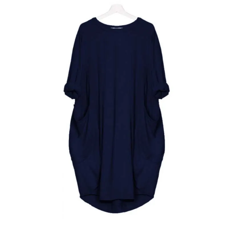 Autumn Solid Color Dress Women 2021 Fahsion Pocket O Neck Long Sleeve Loose Vintage Dresses Female Plus Size Casual Midi Dress