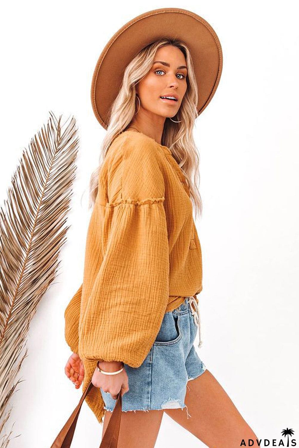 Casual Balloon Sleeve Crinkled Top