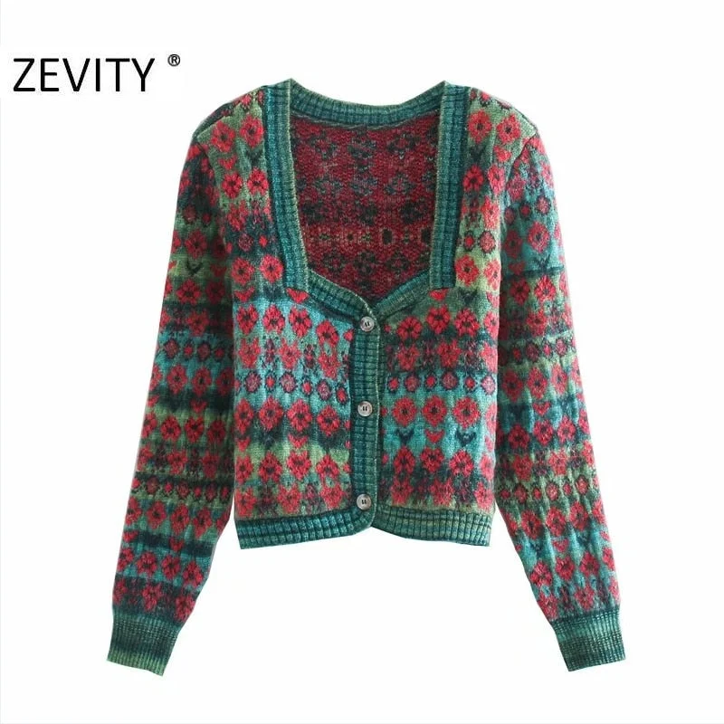 Zevity Women Vintage Square Collar Contrast Color Flower Print Knitting Sweater Female Long Sleeve Chic Cardigans Coat Tops S540