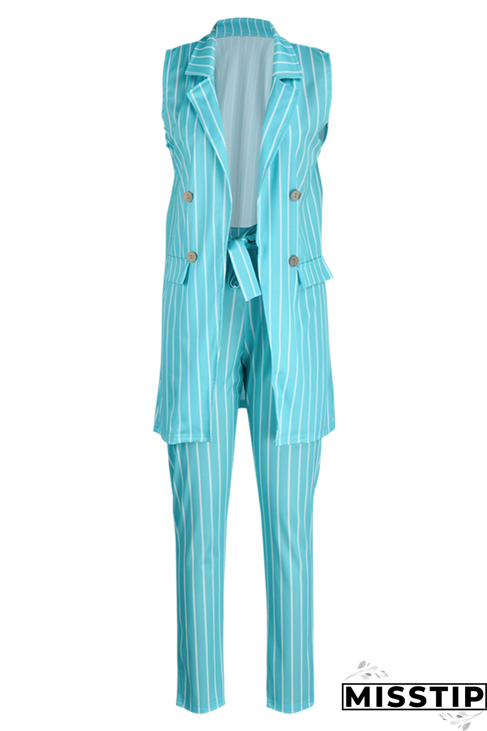 Grass Green Casual Striped Patchwork Turndown Collar Sleeveless Two Pieces