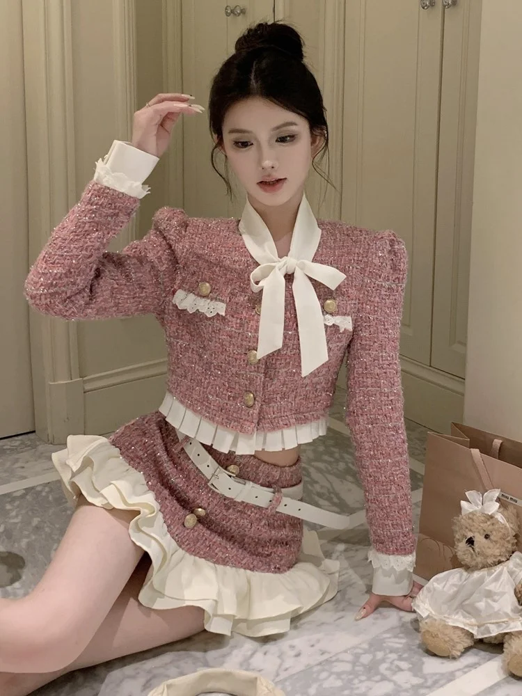 Y2K Tweed 2 Piece Set For Women Short Jacket Coat + Mini Skirt Suits With Belt Autumn Winter High Quality Korean Chic Outfits