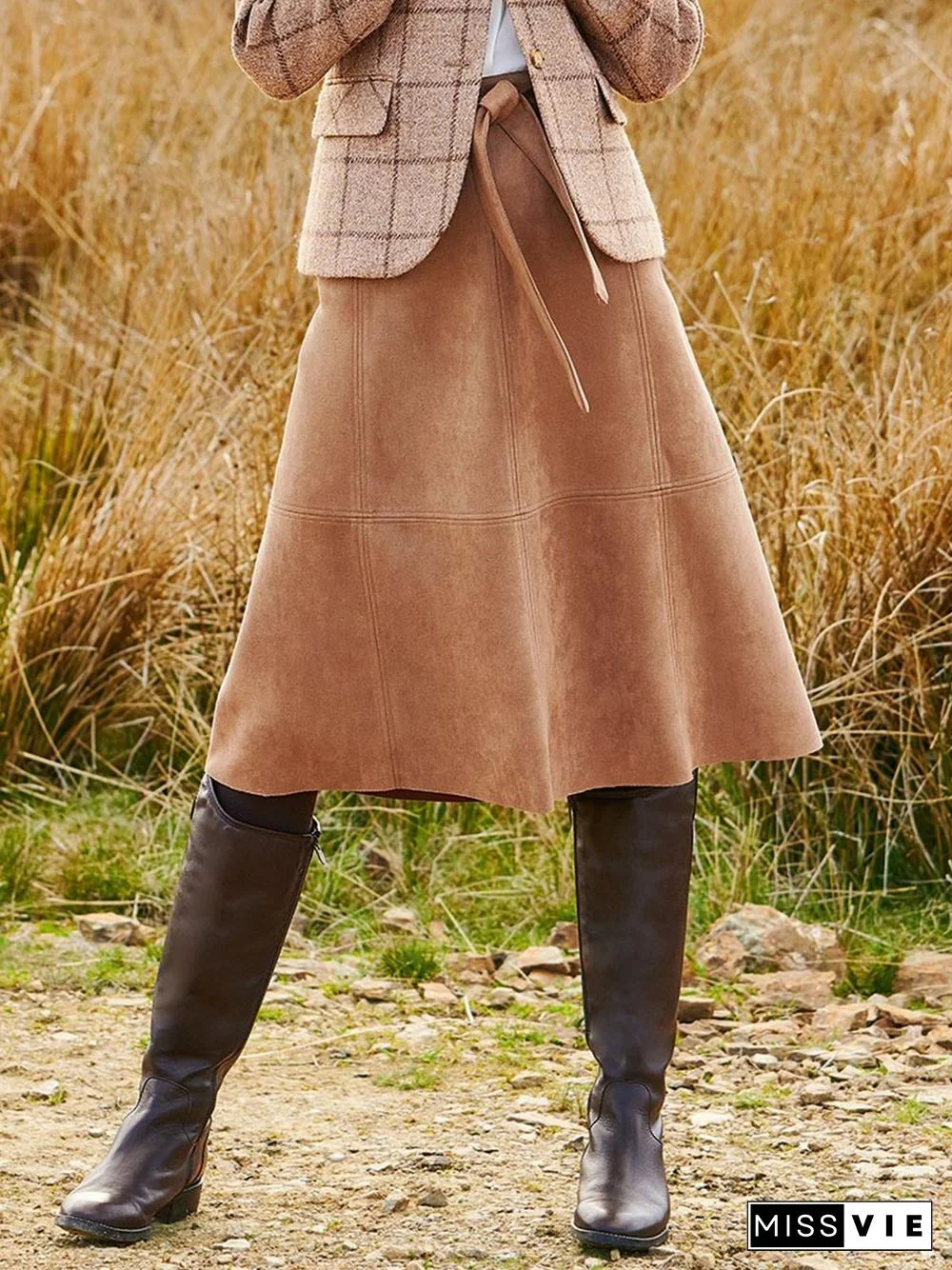 Khaki Suede Vintage Casual A-Line Skirt