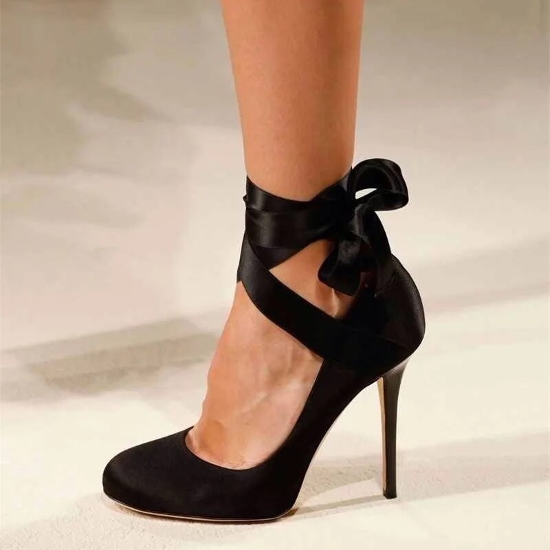 TAAFO Black Tin-Fabric Round Toe Stiletto Heels With Cross-Laceed Light Singlets Are Stylish And