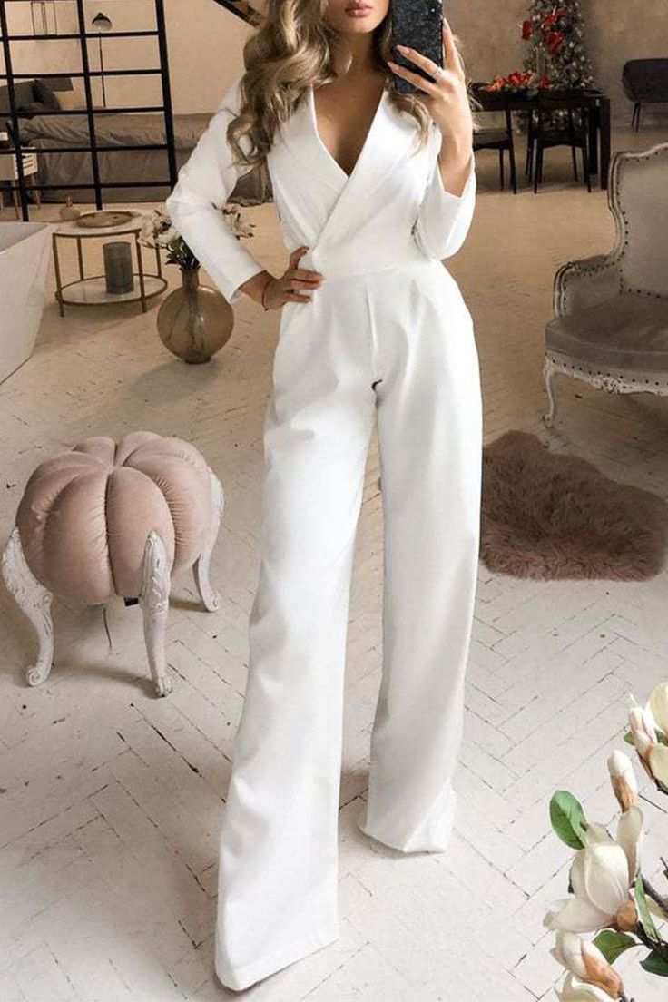 Miabel Elegant White Long V-Neck Daily Jump Suit With Sleeves 