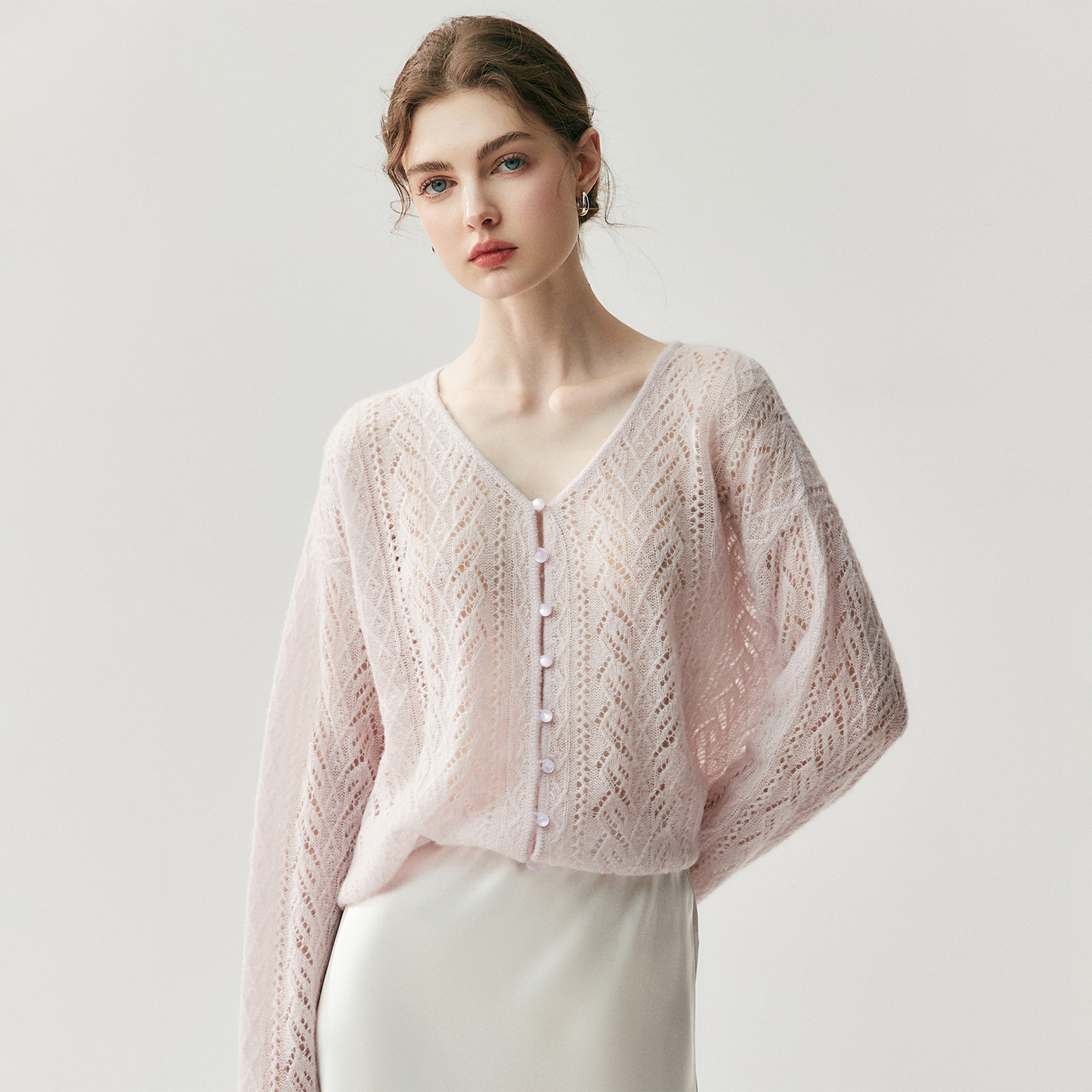 Women's V-Neck Openwork Knit Cashmere Cardigan REAL SILK LIFE