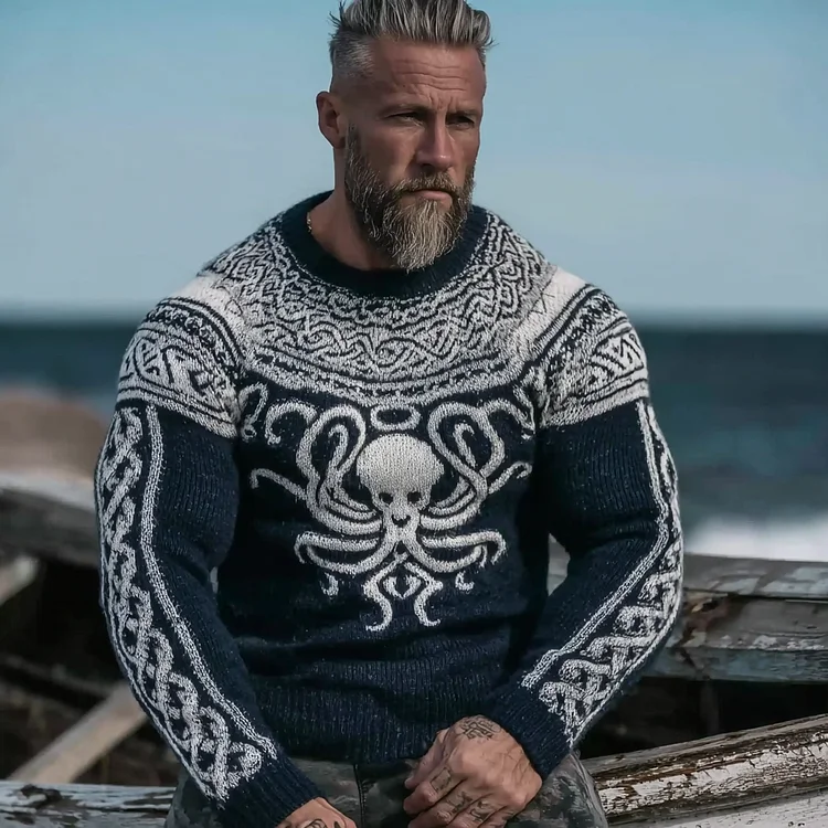 Vintage Viking Celtic Style Octopus Pattern Men's Sweater