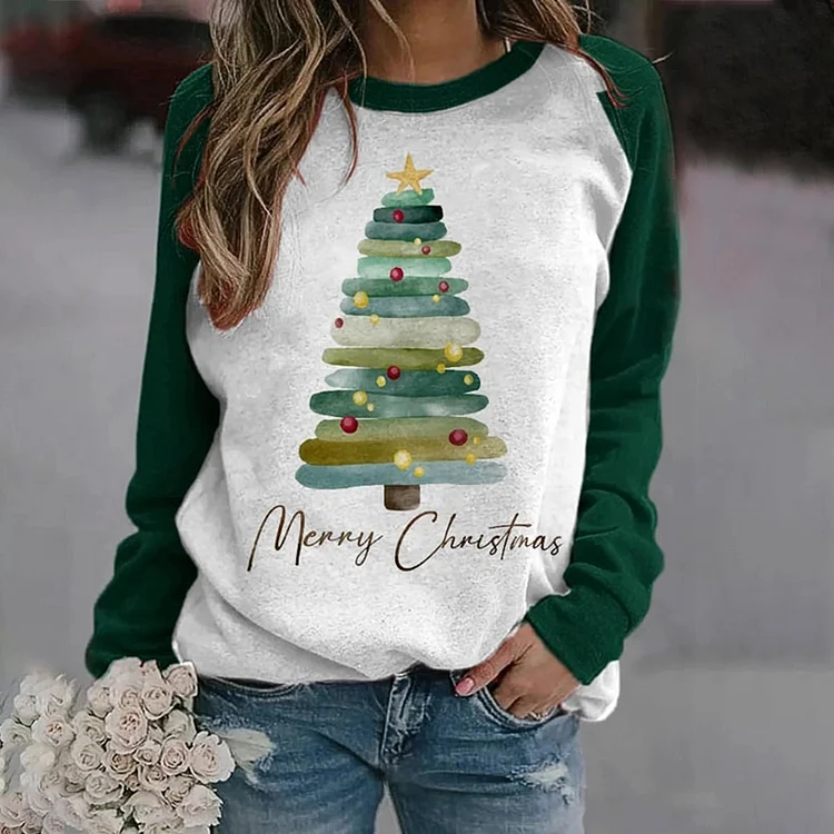 Comstylish Cute Merry Christmas Tree Print Sweatshirt