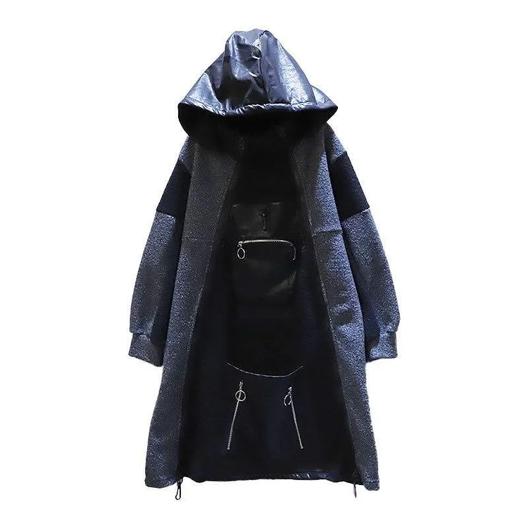 Patchwork Pockets Zipper Dress Women 2 New Style Temperament All Match Hooded Collar Dress