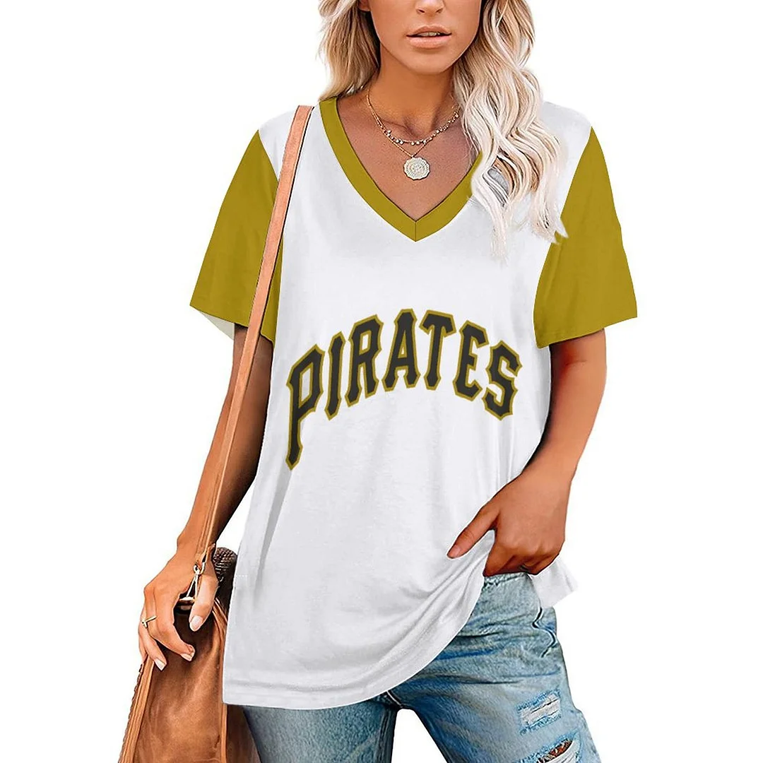 V-neck Short Sleeve Casual T-shirt for  Women Printed with Pattern,Yellow,White,Black