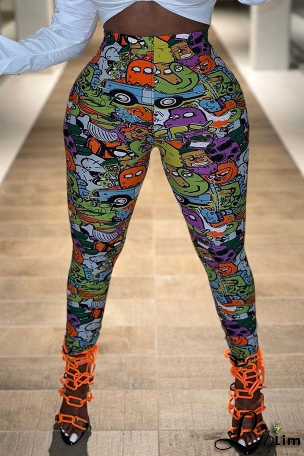 Yellow Fashion Casual Print Basic Skinny High Waist Pencil Trousers