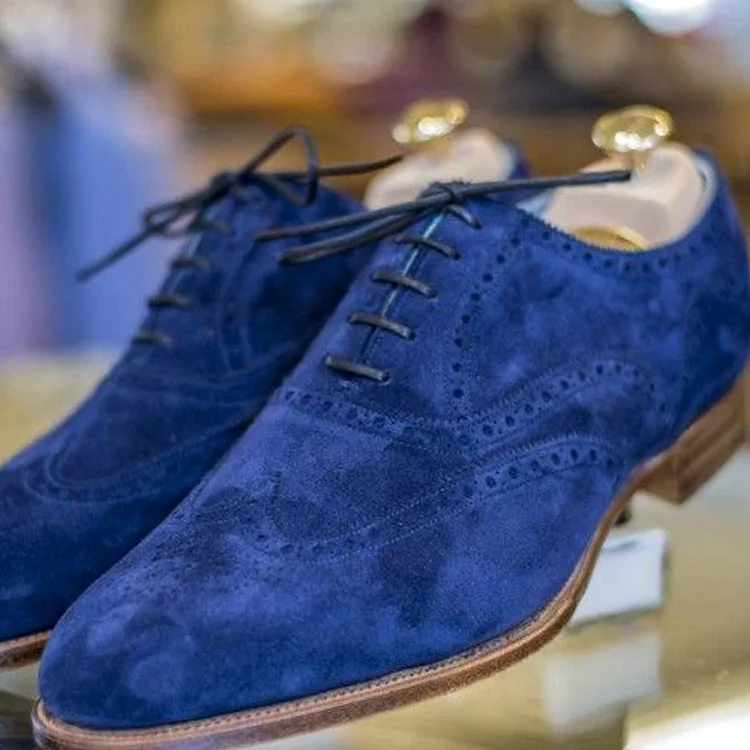 Handmade Mens Brogue Blue Suede Shoes, Men Wingtip Suede Blue Party Shoes