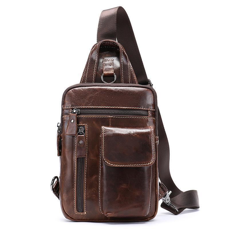 Men's Leather Retro Zipper Casual Crossbody Bag Chest Bag