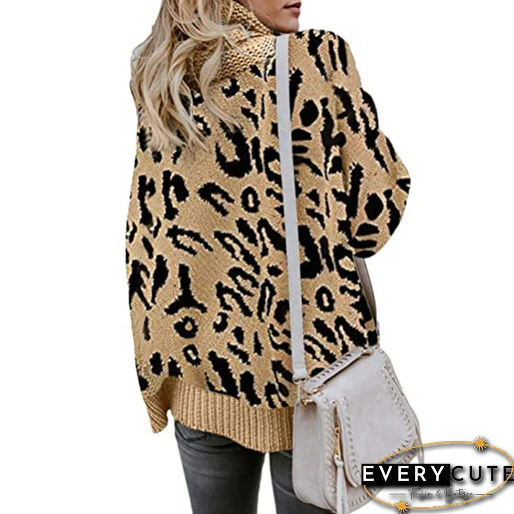 Khaki Leopard Print Cowl Neck Knitted Sweater
