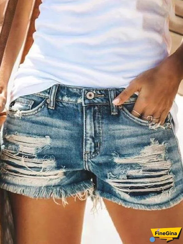 High Waist Fringed Ripped Casual Denim Shorts for Women