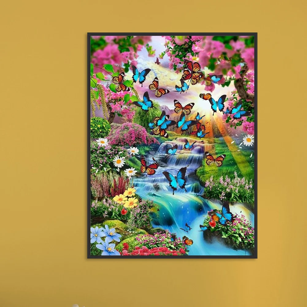 Diamond Painting - Full Round Drill - Flower Butterfly Waterfall(30*40cm)