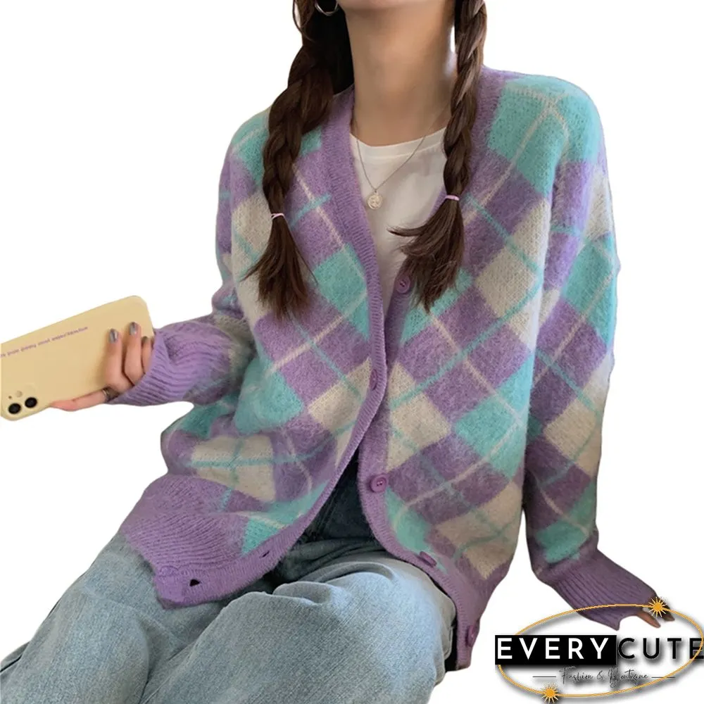 Womens Vintage Argyle Print Button Down Knit Sweater Long Sleeve V Neck Loose Cardigan Autumn Ins Knitting Tops
