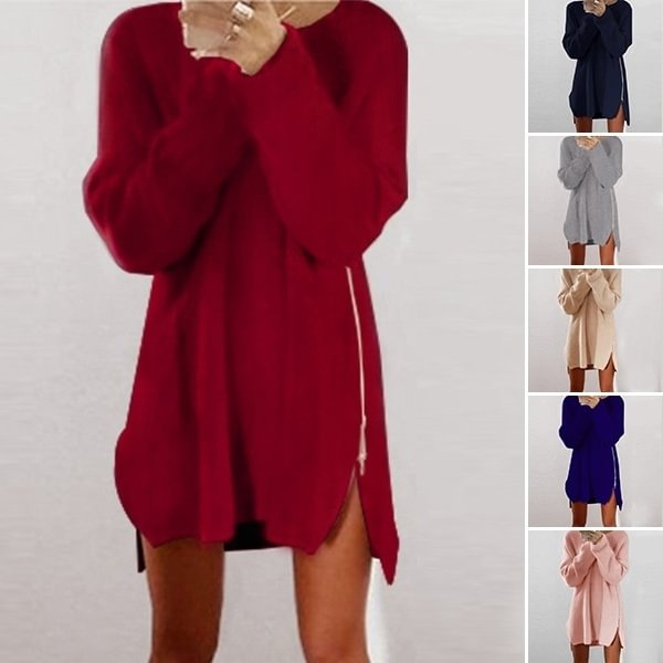 Fashion Loose Above Knee Polyester Plain Knitted Zipper Women's Sweater Dresses - Shop Trendy Women's Fashion | TeeYours