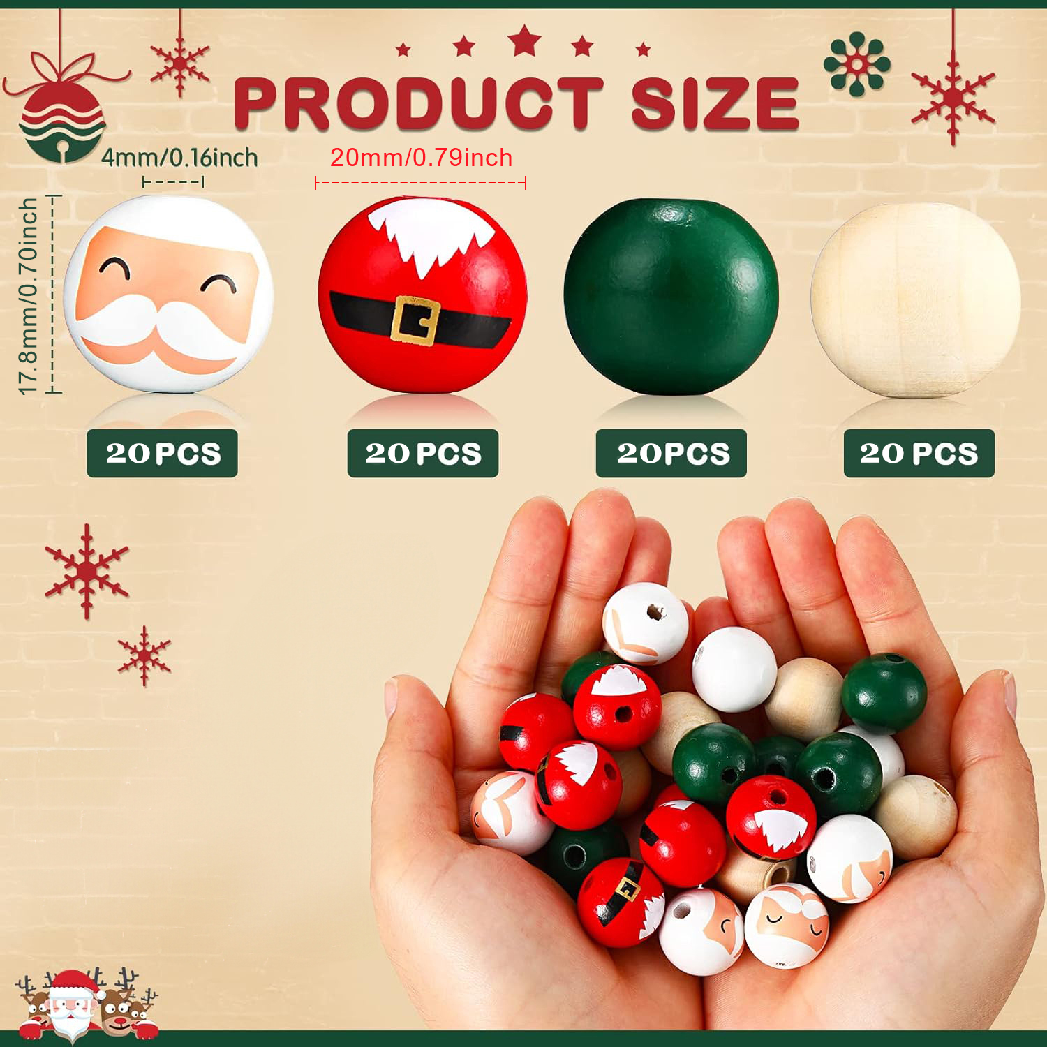 Tegooe Christmas DIY Wooden Bead Kit - Snowman Pine Pattern Beads Assorted Sizes