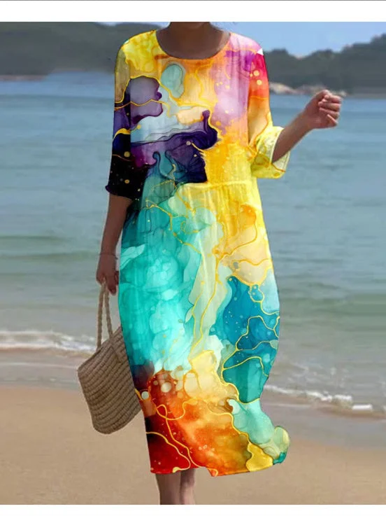 Women's 3/4 Sleeve Scoop Neck Graphic Printed Midi Dress