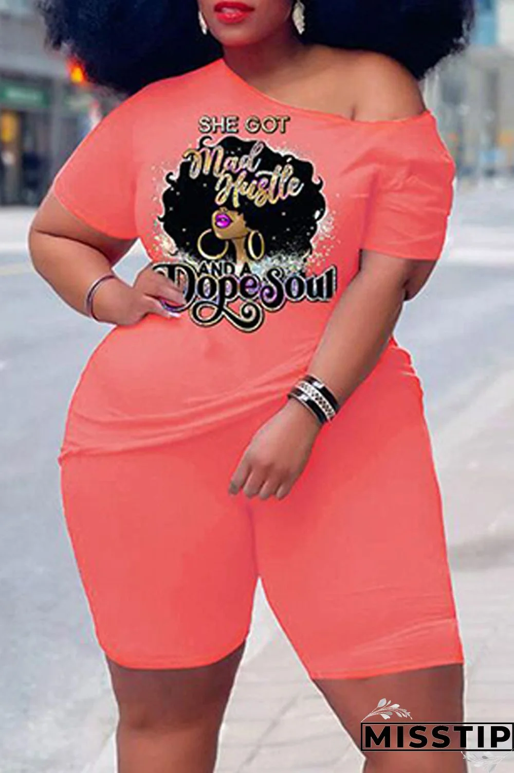 Orange Casual Print Basic Oblique Collar Plus Size Two Pieces