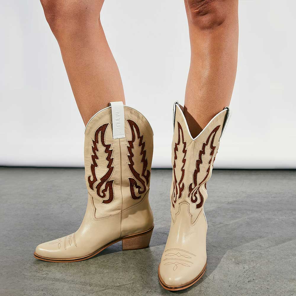 Beige Vegan Leather Pointed Toe Patch-Work Classic Western Boots Nicepairs
