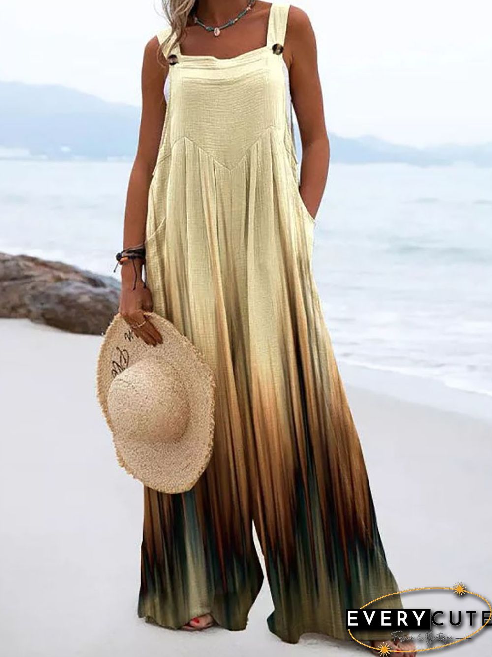 Summer Vintage Print Trousers Jumpsuit Women Casual Sling Sleeveless O Neck Wide Leg Playsuits Fashion High Street Loose Romper