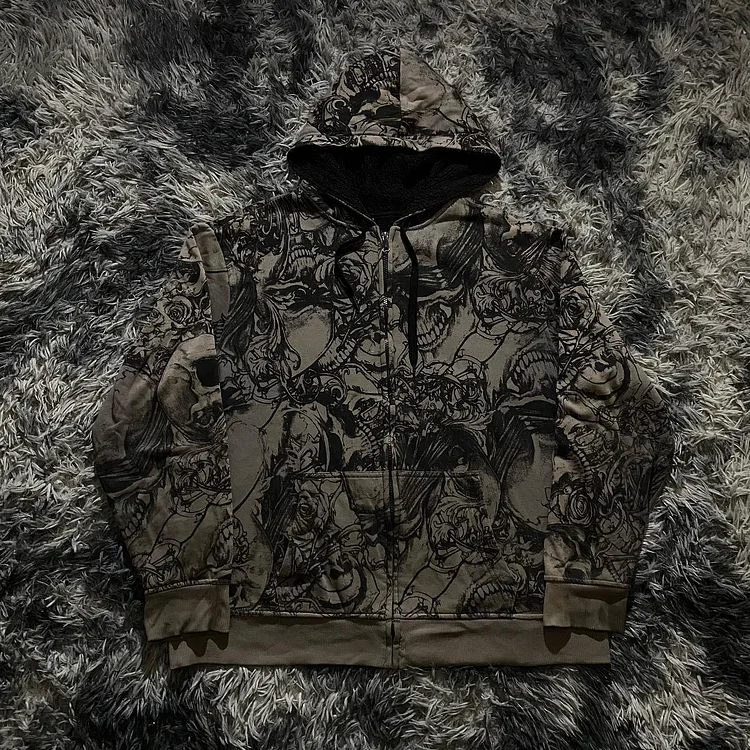 Eslicerpro fall outfits women Y2k Hoodie Women Men New Gothic Skull Pattern Printing Hip Hop Casual Sweatshirt Selling Personality Retro Hoodies Streetwear