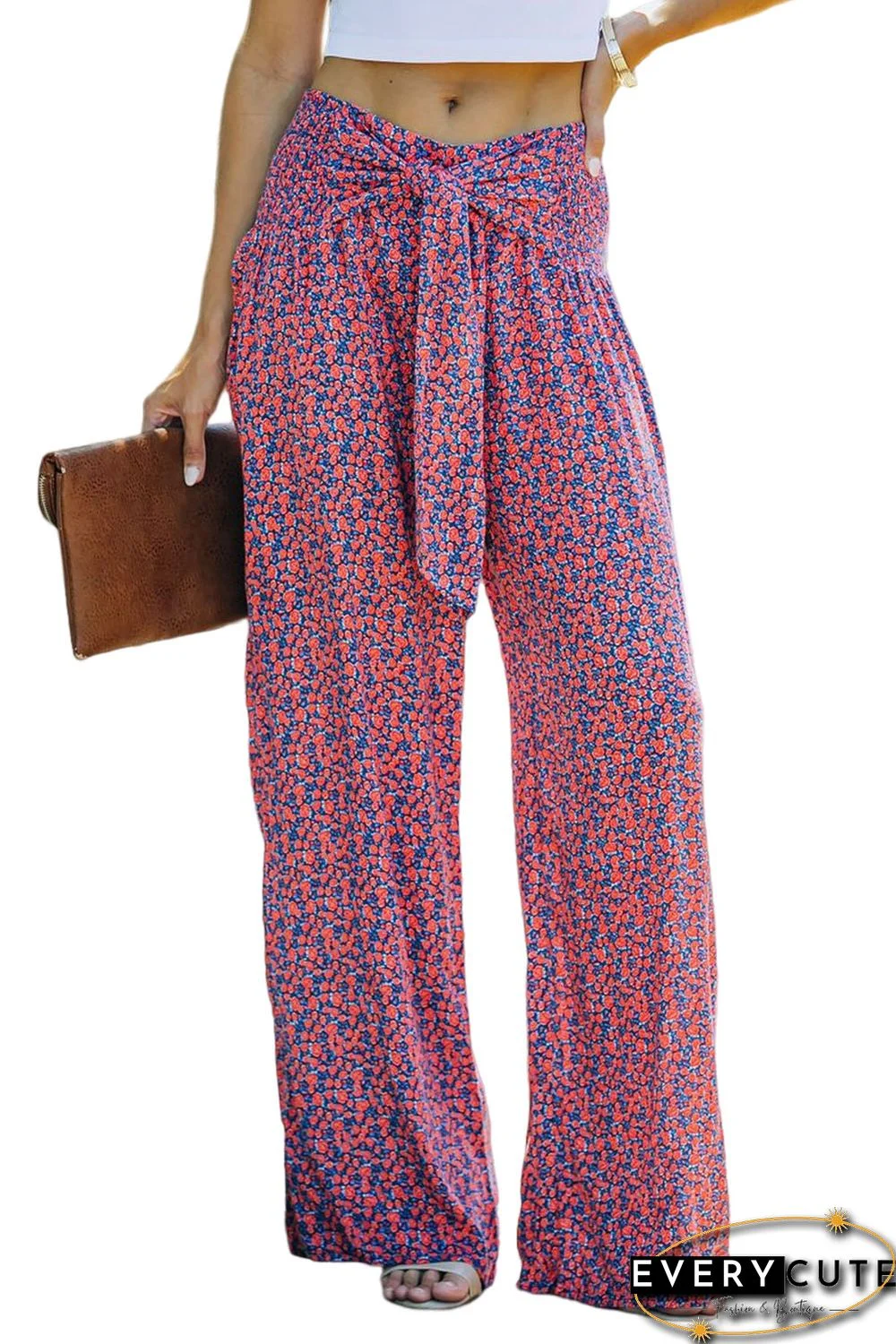 Ditsy Floral Print Tie Front Wide Leg Pants