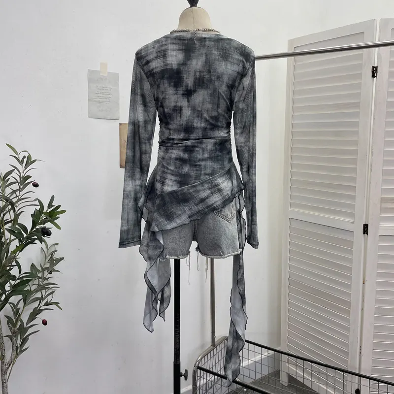 Nigikala Nigikala Print Double-Layer Mesh Long-Sleeved Top Design Feel Irregular Ribbon-Up T-Shirt 99981