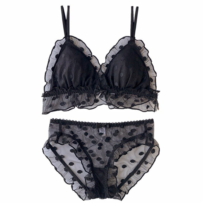 Wriufred Polka Dot Mesh Sexy Ruffle Underwear Women Large Size Bra Set Triangle Cup Lingerie Wire Free Personality Bra&Brief