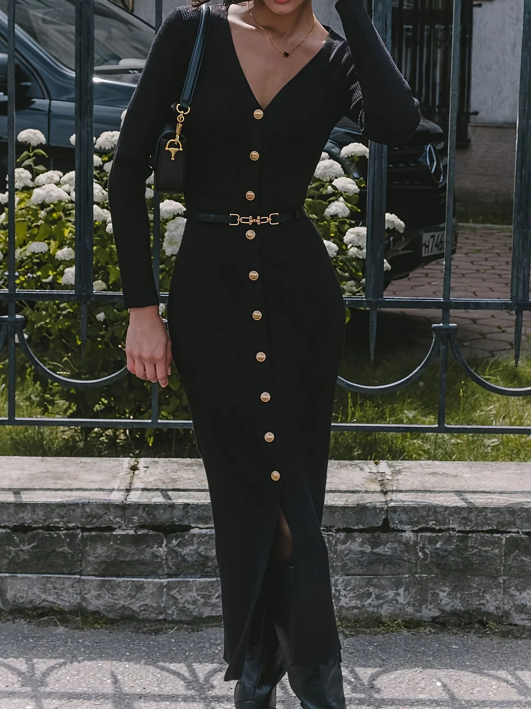 Nigikala Nigikala Women's Delicate High-End Front Buckle With Belt Knitted Dress