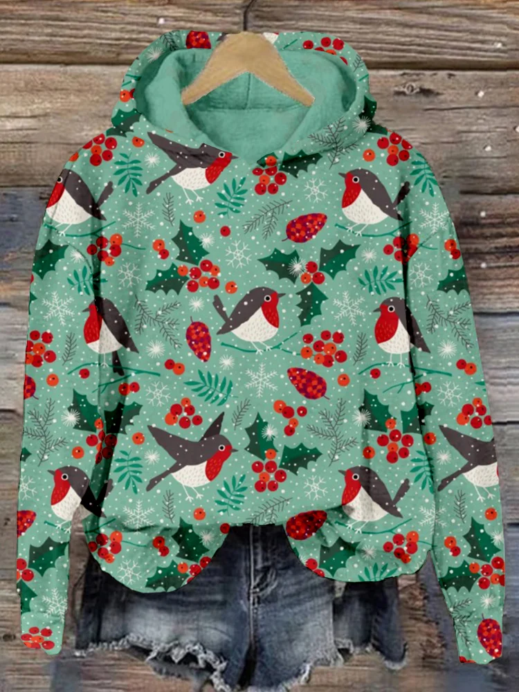 VChics Christmas Birds in Snow Art Graphic Comfy Hoodie