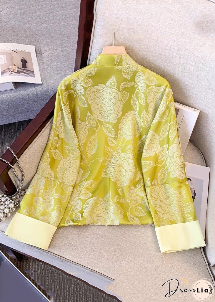 Vintage Yellow Tasseled Button Print Silk Coat Fall