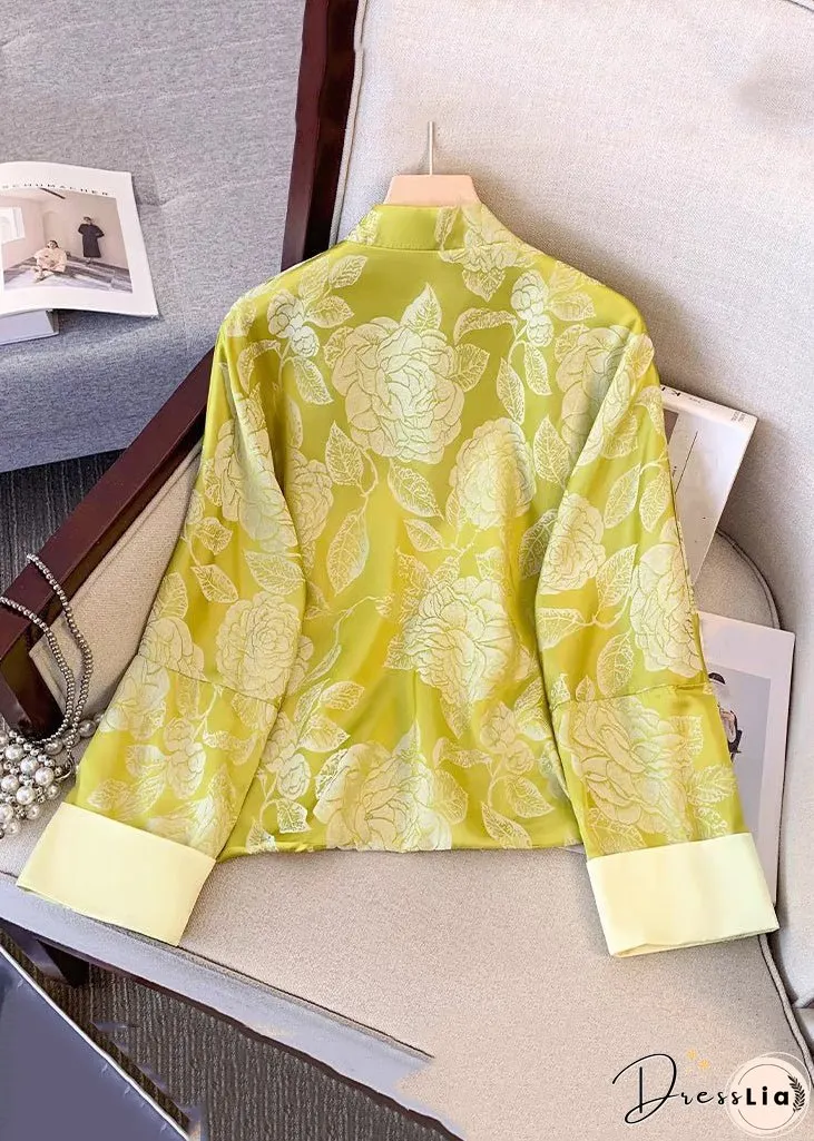 Vintage Yellow Tasseled Button Print Silk Coat Fall