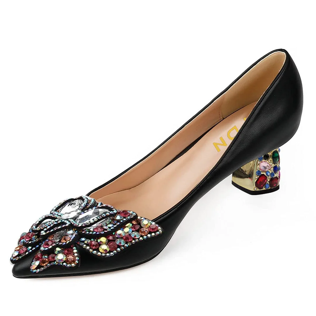 Vegan Leather Pointed Toe Rhinestone Butterfly Decorative Heel Pumps