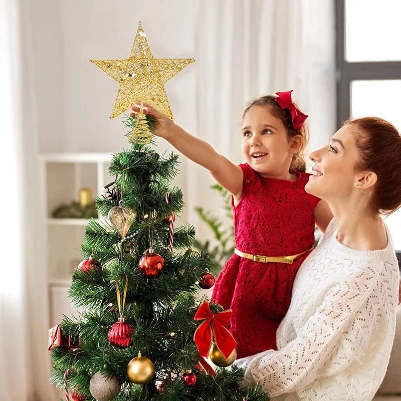 Gold Glitter Christmas Tree Top Iron Star Christmas Decorations For Home Xmas Tree Ornaments Navidad New Year 2021 Natal Noel