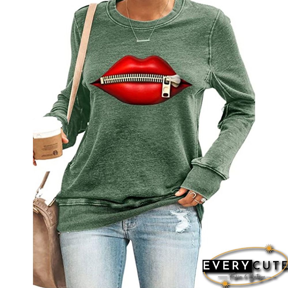 Red Lip Print Long Sleeve Sweatshirt In Green
