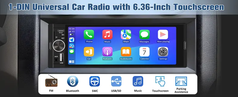 Product Introduction of Universal Single Din Car Stereo with Wireless CarPlay & Android Auto. 6.36 Inch IPS Touch Screen Head Unit with Backup Camera/External Microphone. Car Radio Supports Bluetooth/SWC/FM/USB/TF 11