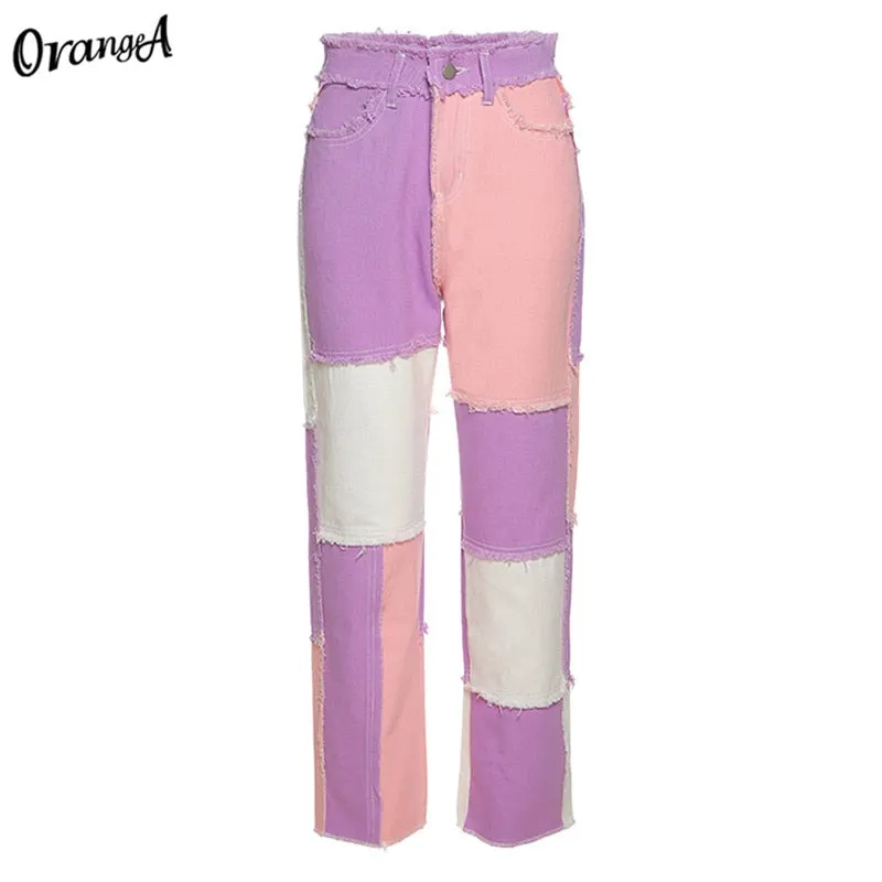 OrangeA Summer Women Denim Striped Patchwork Street Casual Hip Hop High Waist Loose Straight Jeans Pants Mujer Fashion Trousers