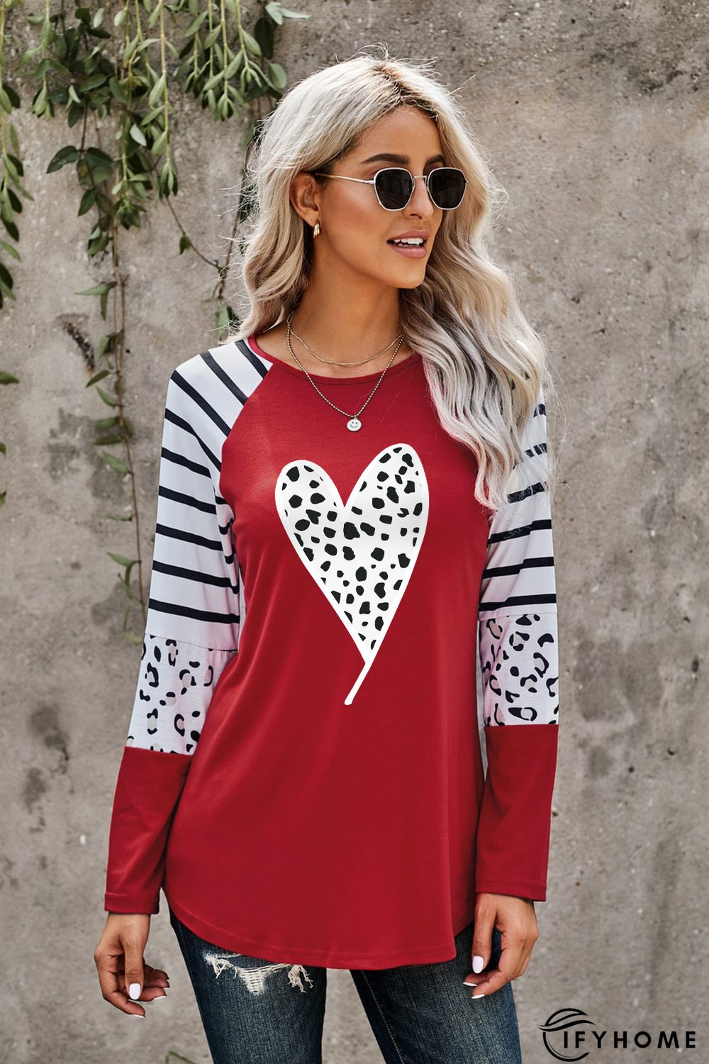 Red Valentines Leopard Heart Print Color Block Long Sleeve Top | IFYHOME