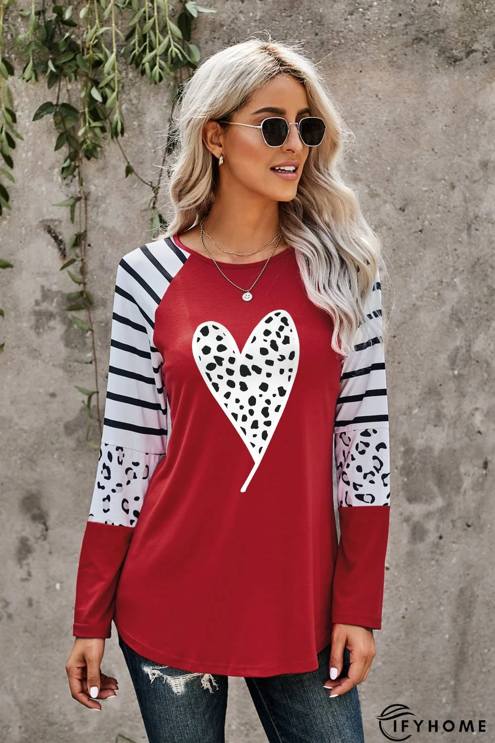 Red Valentines Leopard Heart Print Color Block Long Sleeve Top | IFYHOME