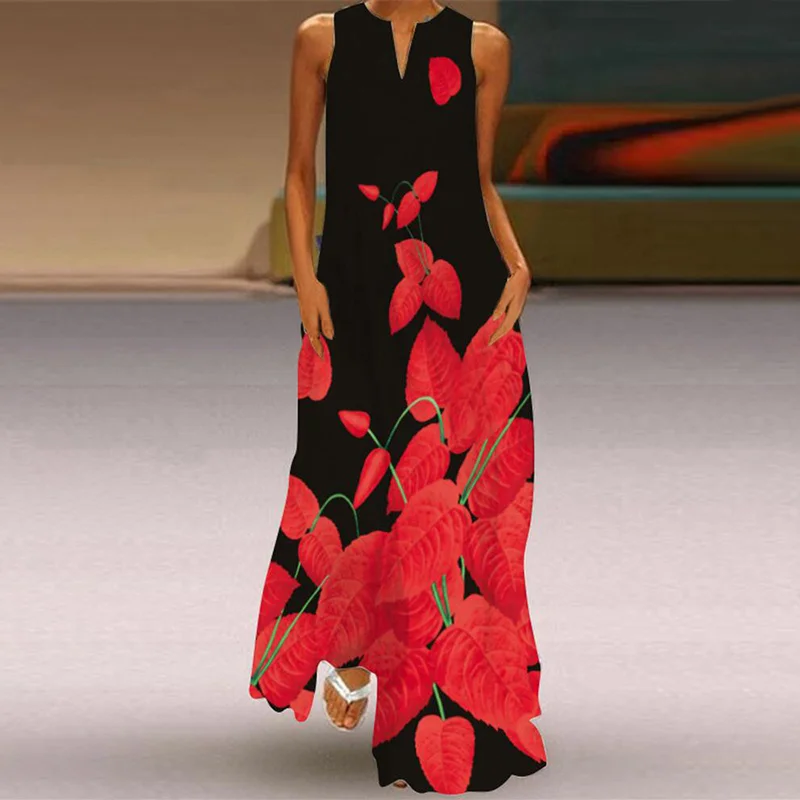 Holiday Red Leaf Print Maxi Dress