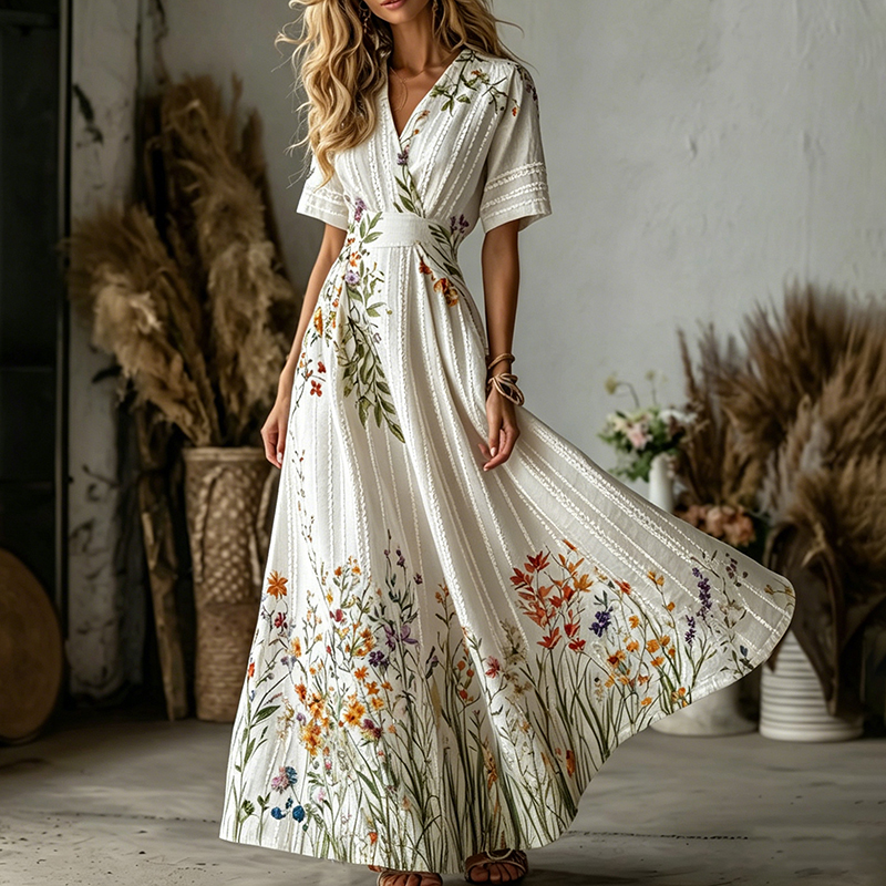 Comstylish Women's Vintage Spring Floral Art Flowy Linen Maxi Dress