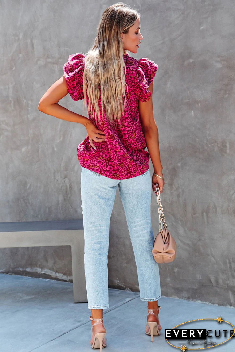 Rose Floral Print Tiered Flutter Sleeve V Neck Top