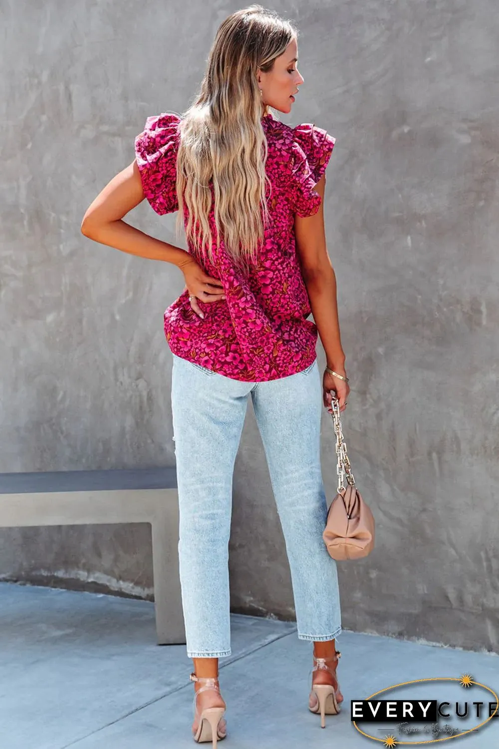 Rose Floral Print Tiered Flutter Sleeve V Neck Top